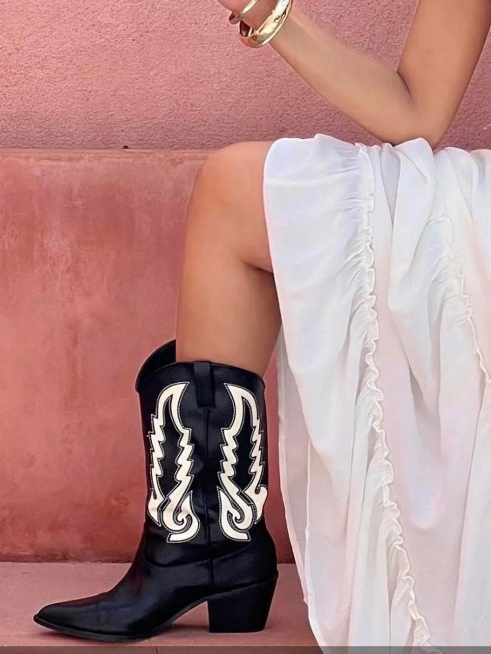 Billini Norva Western Cowboy Boots in Black and White